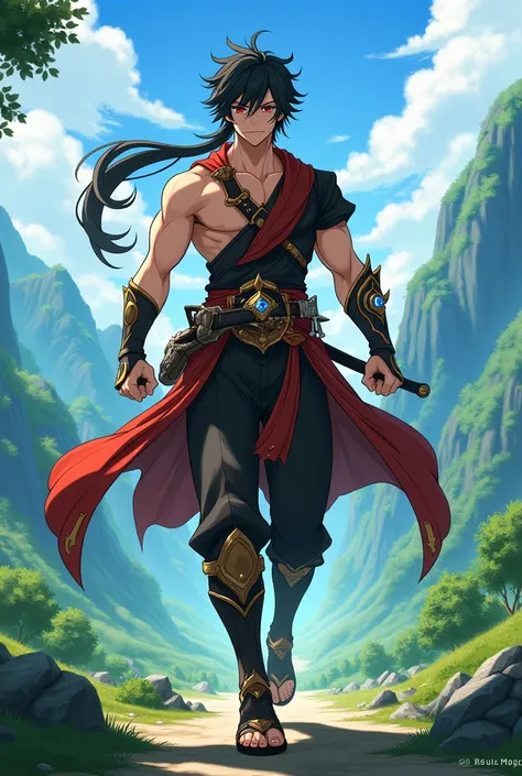 Make an anime man ,  warrior from Genshin Impact , Vision of Pyro , of armor,  black hair, bright black eyes,  with two swords around his waist ,  background walking on grass with mountains and trees.