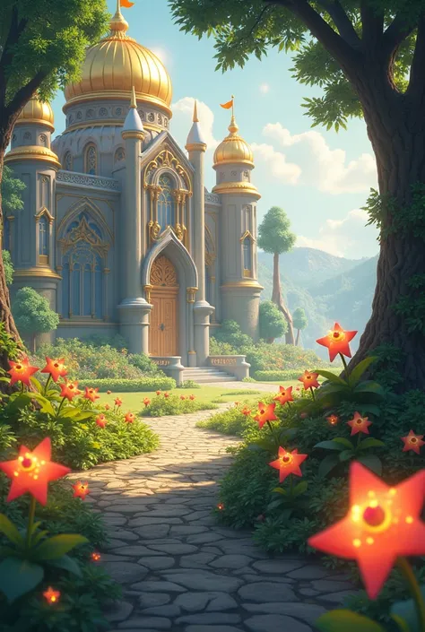 Beautiful garden full of flowers that look like stars next to the golden and shiny tree inside a castle and several ren running around add more happy ren to see their faces