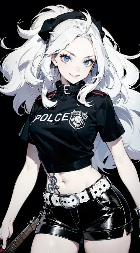 1girl, solo, hat, shorts, police, shirt, short sleeves, police uniform, belt, looking at viewer, long hair, beautiful eyes, sinister smile, lolita, Curly white hair, blue eyes, flowing hair, nightmare ,cute,sharp lines, vivid colors, high contrast,Punk Aes...