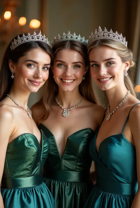  Realistic upper body portrait of three young German princesses aged 23 ,  ponytail, Krone, Necklace, smile.  She poses in front of the camera in a metallic green and dark blue , shiny silk princess dress with straps ..., Wedding celebration,glamour fotosh...