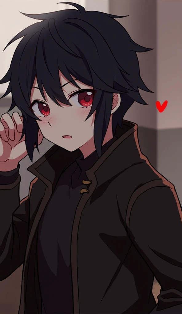 1boy,  looking at the spectator,  high resolution, dark red eyes, black hair,  Anime style,  , anime style, , strong body Franja dividida, Cabelo ondulado, Cabelo bagunçado, leather jacket, Alta resolução, Detalhes altos, 