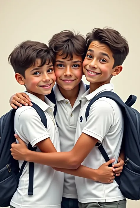 3  boys hugging each other watching the camera in white polo and backpack