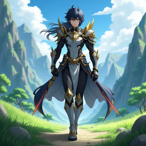 Make an anime man ,  warrior from Genshin Impact , Vision of Pyro , of armor,  black hair, bright black eyes, Carrier with two swords around the waist,  background walking on grass with mountains and trees.