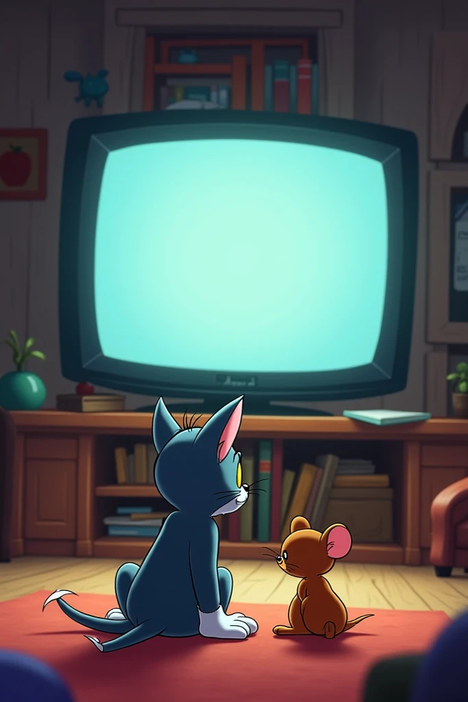 A mouse and cat tom and jerry on the floor watching a very biggest television on a bookshelf that is connected to dvd