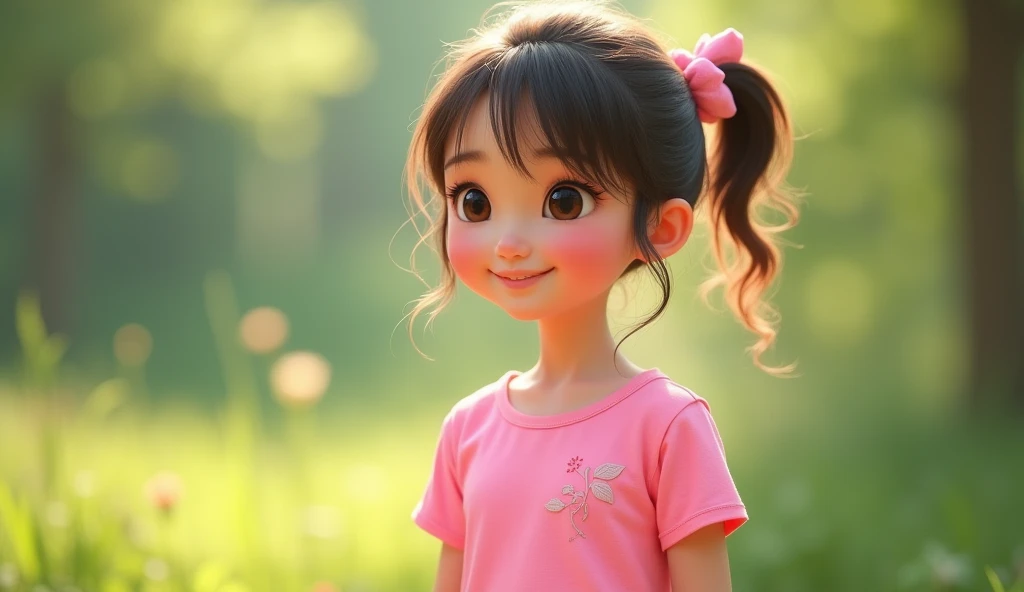 a cute girl wear pink t shirt
 realistic