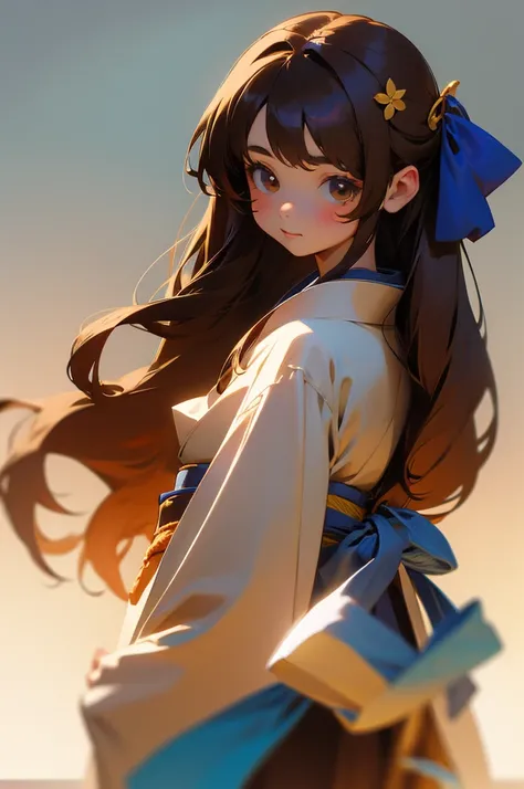 Create a cute  girl wearing a kimono with long brown hair and a blue ribbon attached to the back of her head