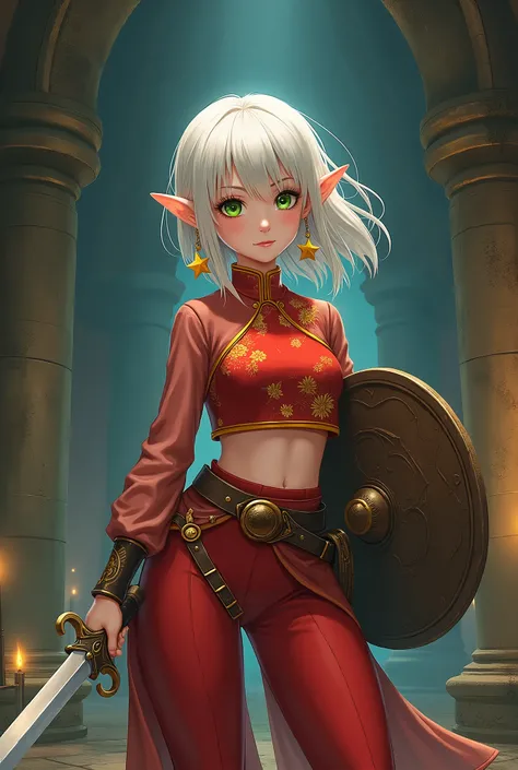 Anime style, female elf character, white hair, short hair, green eyes, red Chinese shirt and pants with yellow details, fair skin, large star earrings, young woman, holding a sword, holding a shield, in a dungeon and dragons style game dungeon.