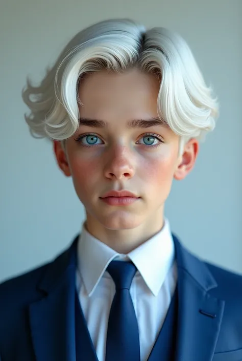 a teenage boy, extremely beautiful, with light blue eyes and white hair on both sides, wearing an elegant blue luxury suit with tie, portrait, close-up, (best quality,4k,8k,highres,masterpiece:1.2),ultra-detailed,(realistic,photorealistic,photo-realistic:1...