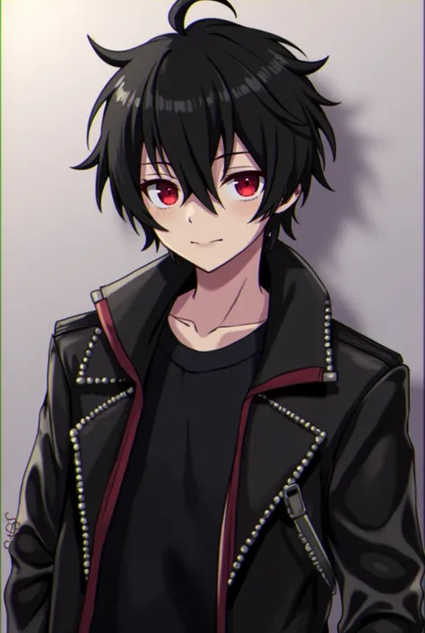 1boy,  looking at the spectator,  high resolution, dark red eyes, black hair,  Anime style,  , anime style, , strong body Franja dividida, Cabelo ondulado, Cabelo bagunçado, leather jacket, Alta resolução, Detalhes altos, 