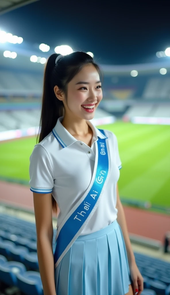 high_resolution, wide angle shot, Full body of a beautiful Korean woman, cheerleader, make up with lipstick, eyeliner, long black ponytail hairstyle, hair tied with white ribbon, smile and cheerful face expression, wearing slim fit short sleeve white polo ...