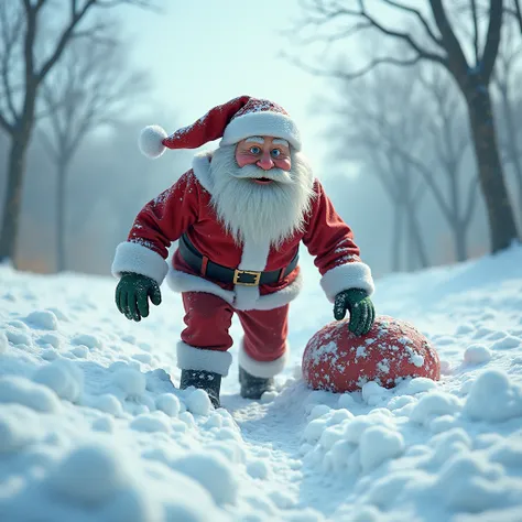 Santa desperately looking for his lost gift bag in the snow.