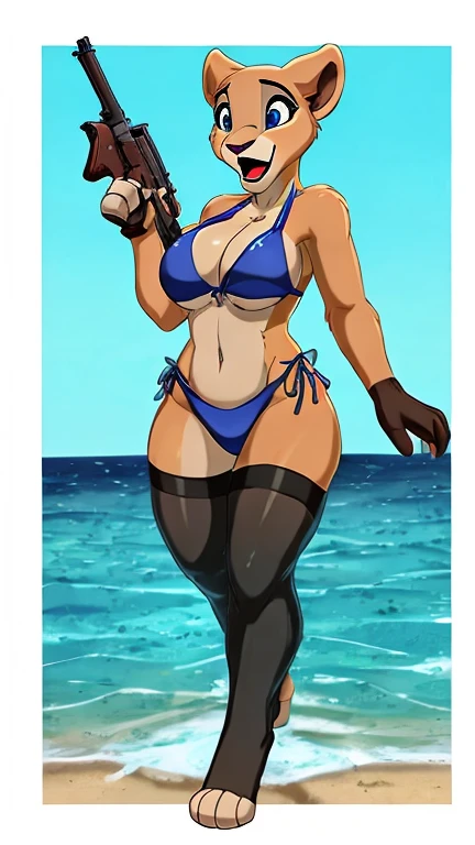 Furry with a , breasts, Open mouth,  blue eyes , breasts grandes, Gloves, holding a rifle,  animal ears,  bare shoulders , cola,  bathing suit ,  full body , Arm,  bikini gun and black stockings half leg 