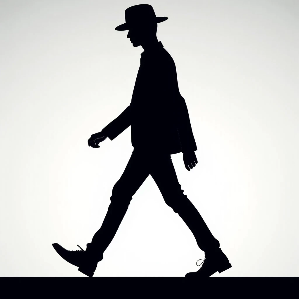  A silhouette of a man wearing a hat ,  walking diagonally to the right , schematically drawn ,  like the doll of a traffic light for pedestrians . behind,  on the left a street and a row of tall buildings ,  also drawn in sketch ,  just the rectangles of ...