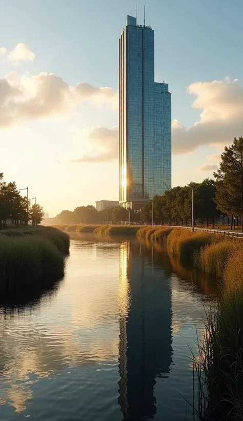 A striking scene featuring a tall, modern building standing majestically beside a calm river. The building, sleek and reflective, towers over the riverbank, its glass windows shimmering with the reflection of the sky and surrounding landscape. The river fl...