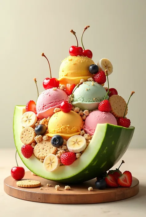 I want to create a design of a melon in half filled with ice cream balls and cookies, highs and lots of fruits on top, such as cherries, bananas and strawberries. 