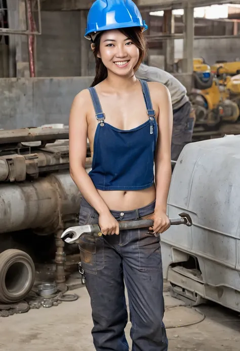  Create an image of an 18-year-old Asian worker,  Standing and holding a wrench , wearing a safety helmet.  Her face is slightly stained with dirt .,  and she is smiling with a pretty face .  The image is full body ,  with worker pants but without a shirt ...