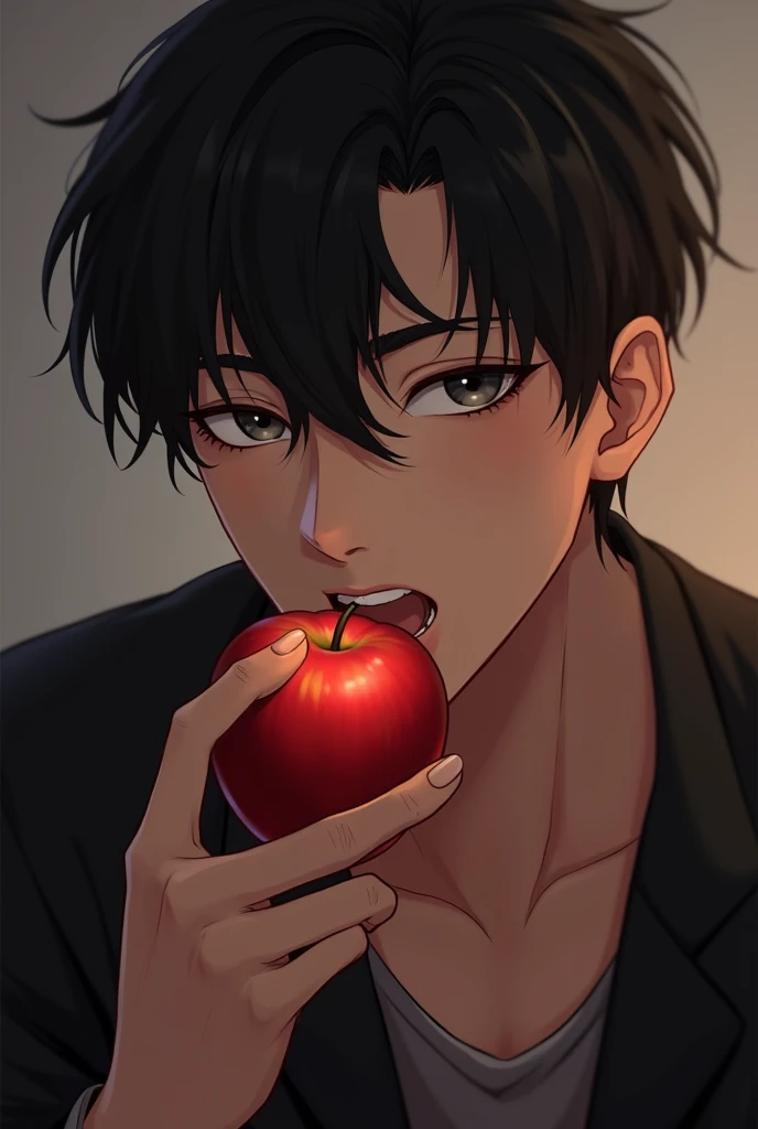 Young real man with black hair and milky gray eyes flirtatiously eating an apple