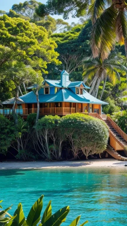 A wonderland house on a high trees, the house is yellow color, fancy coconut trees, giant leaves, colorful fruits, the sky is light blue with sunshine, the sea is peacefull, some little boat 