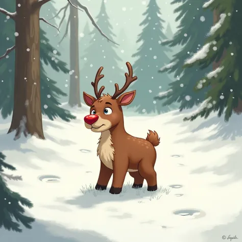 Rodolfo the reindeer looking for his shiny nose lost in the snow.