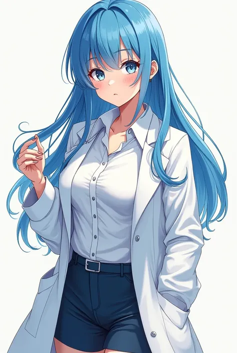 Long blue hair, manhwa style, white shirt, white lab jacket, full body, big breasts: 1.5