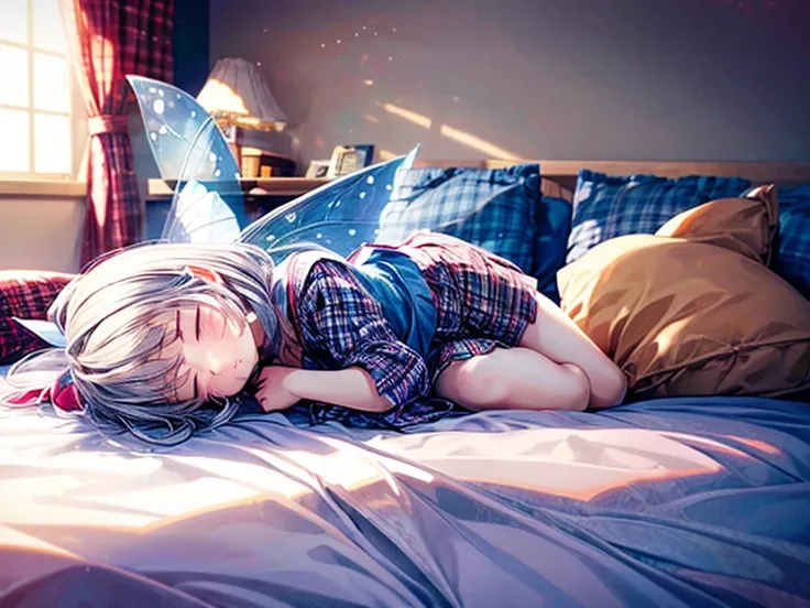 1girl, bed, bedroom, character doll, cirno, closed eyes, daiyousei, fairy, fairy wings, kuro kinkan, lying, on stomach, pajamas, pillow, plaid, plaid shirt, plaid skirt, shirt, skirt, sleeping, solo, stuffed toy, touhou, under covers, wings