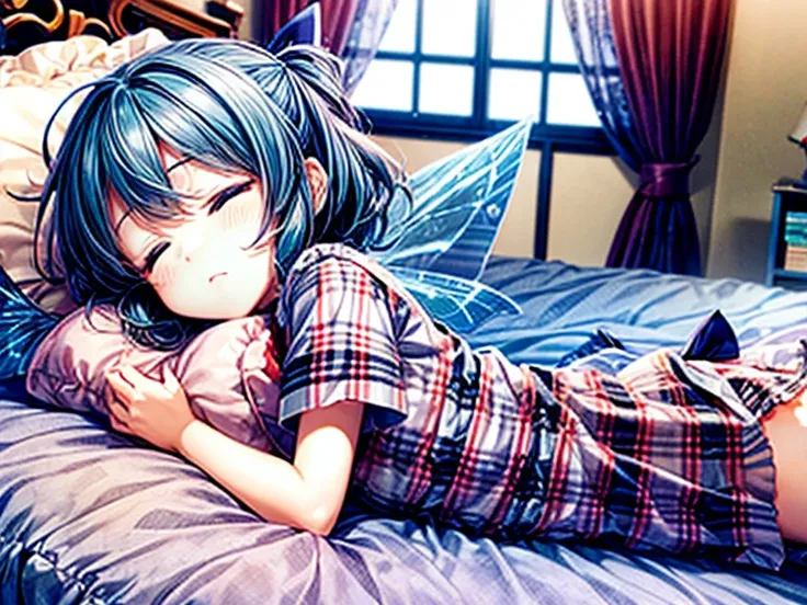 1girl, bed, bedroom, character doll, cirno, closed eyes, daiyousei, fairy, fairy wings, kuro kinkan, lying, on stomach, pajamas, pillow, plaid, plaid shirt, plaid skirt, shirt, skirt, sleeping, solo, stuffed toy, touhou, under covers, wings