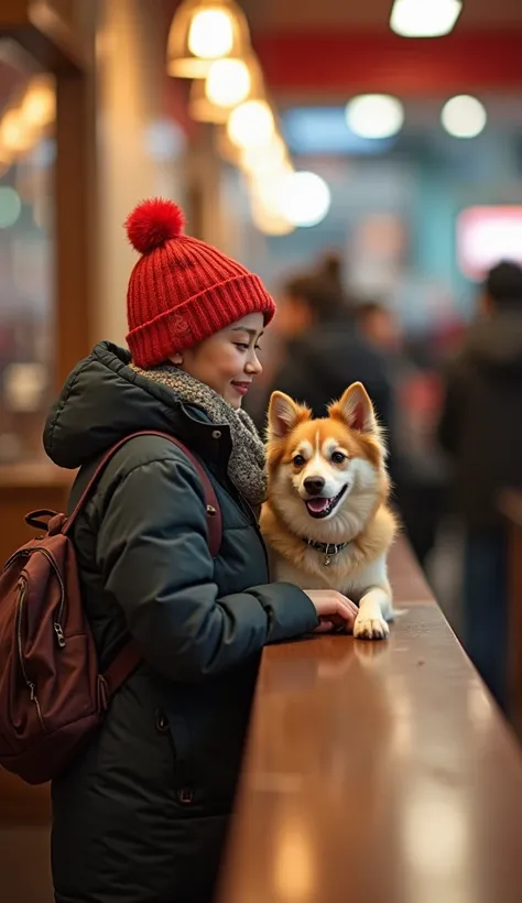  Cats and Dogs Waiting in Line at Restaurants、 Restaurants in Shopping Malls 、 restaurants in shopping malls 、 Knitted Caps and Hoodies 、 down jacket 、Animal World 、 high definition ,  best quality, High definition model ,  Ultra High Definition,  textured...