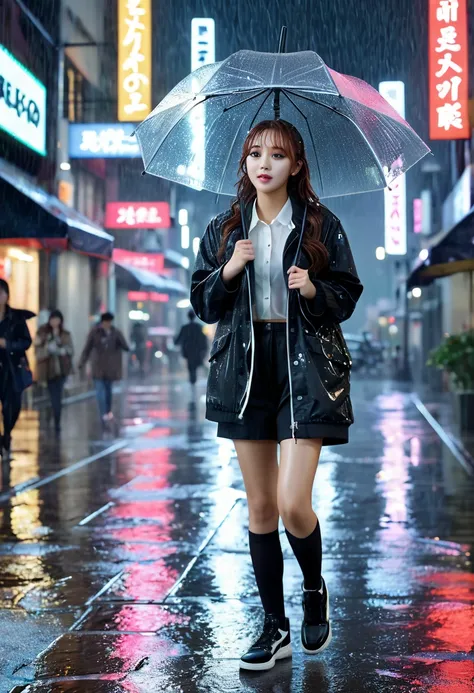 (8k, RAW photo, best quality, masterpiece:1.2), (realistic, photo-realistic:1.37), omertosa, 1girl, walking in the hard rain, (Kpop idol), (aegyo sal:1), cute, cityscape, night, rain, wet, professional lighting, photon mapping, radiosity, physically-based ...