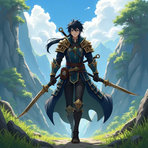 Make an anime man , aventureiro de genshin impact, elemental view pyro , with armor,  black hair, bright black eyes, Carrier with two swords on the back,  background walking on grass with mountains and trees, best quality , high resolution image , extremel...