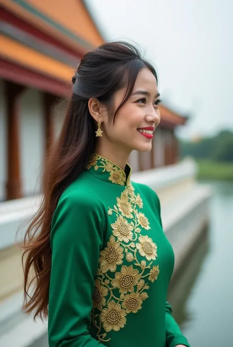 Thai woman with a very sweet face, standing looking out at the water, with traditional Thai architecture in the background. This person is wearing a green Thai dress with gold embroidery and long hair that seems to be arranged, with earrings on her left ea...