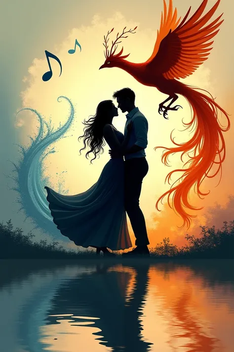  Silhouette of a man and a woman dancing, avefenix , Water, Fire and musical note 