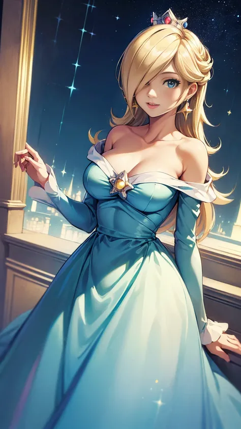 ((((masterpiece, best quality ,Ultra delicate,16k,high resolution,solo)))),princesa rosalina, blue dress, big breasts, adult body, starry sky, semblante angelical
,smile