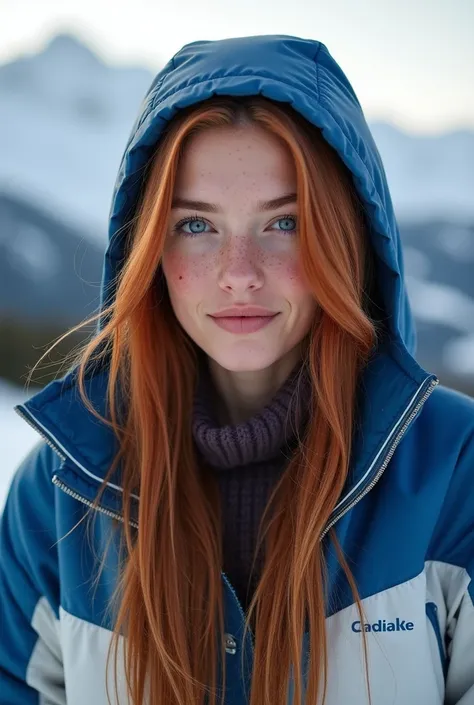 Photo of a woman. 18 years old woman - Face: Pale complexion with freckles. Beautiful, voluptuous lips. Upturned nose. Huge breasts. - Long, reddish hair. She is wearing a blue and white mountain jacket, with the hood up. Snowy mountains are blurred in the...