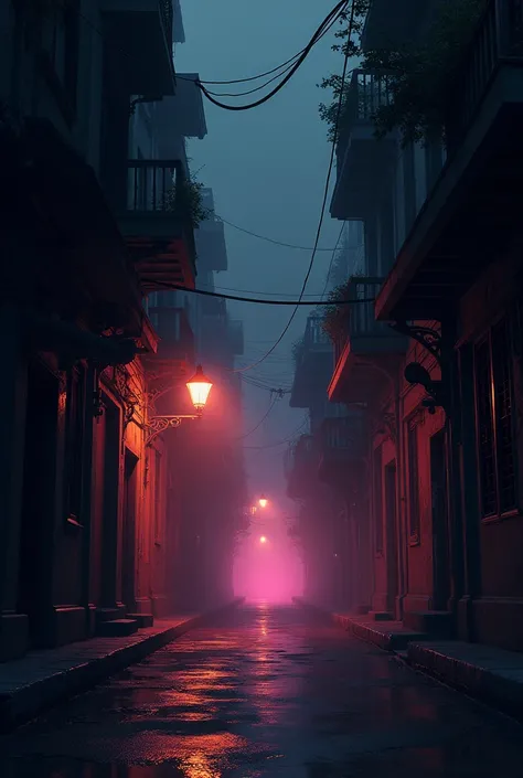 dark street where you can hear music in the distance and you can see a pink light from a nightclub