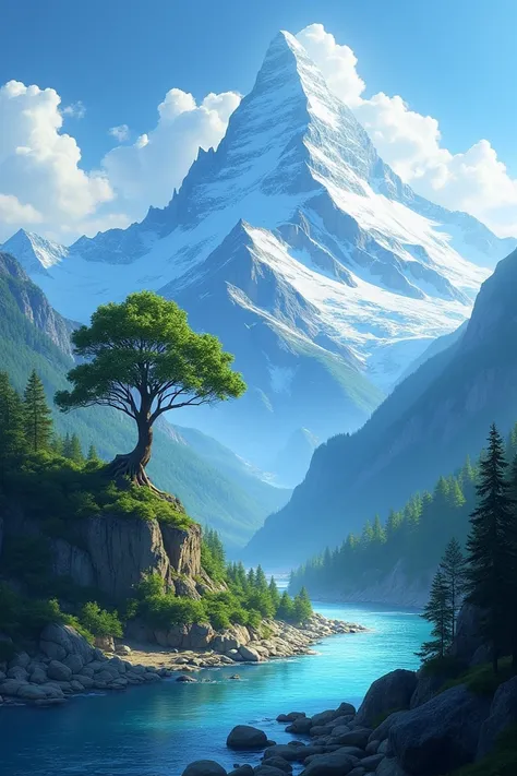 Mountain with river and tree