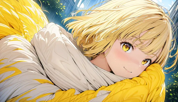 (masterpiece, Highest quality, Official Art:1.2), Turning around and looking at the audience, One Girl, alone, (yellow hair, bob cut) and (yellow eyes), Wearing a white hoodie, no Background, Ultra-fine illustrations, highly detailed, Dynamic Angle, beauti...