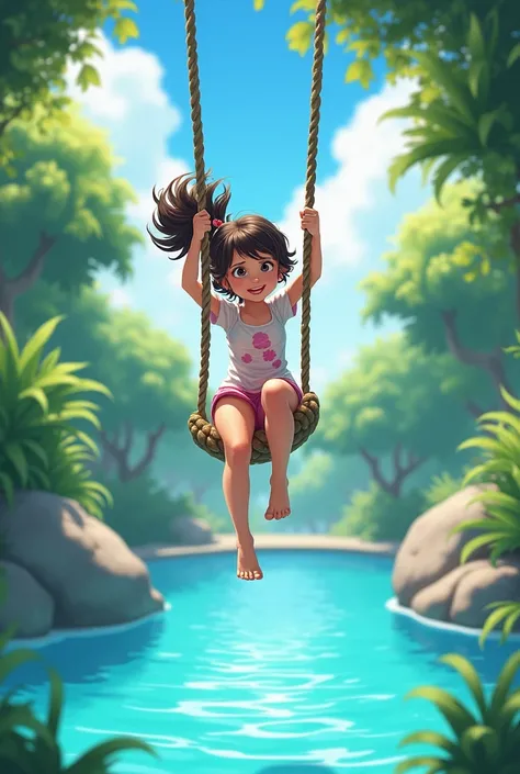 A girl is swinging in the pool 