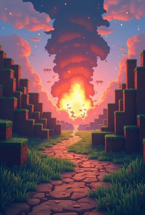 Do you have a mincraf-themed path with explosions in the background 