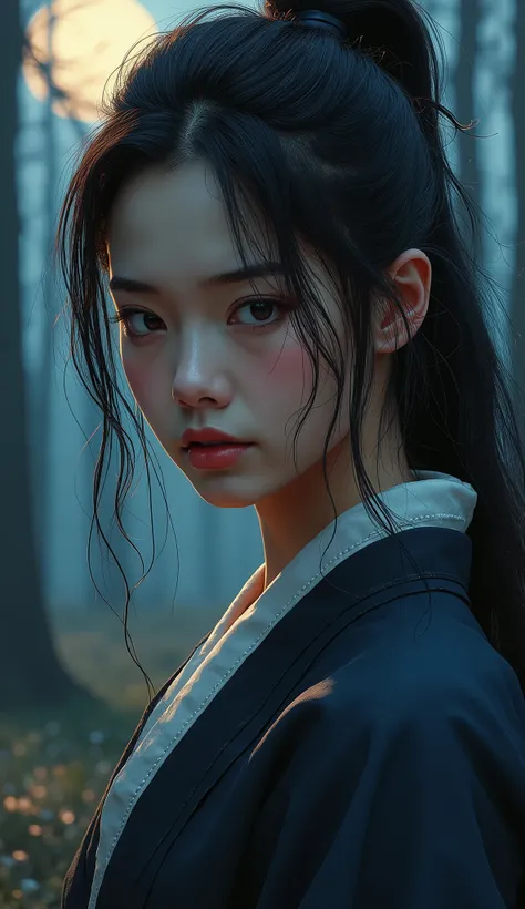 (close up shot:1.5), female Japanese samurai warrior, forest glade at night background, (dusk), moonlight, bokeh, (art by jeremy mann and edvard munch), beautiful composition, complimentary colors, masterpiece, award winning