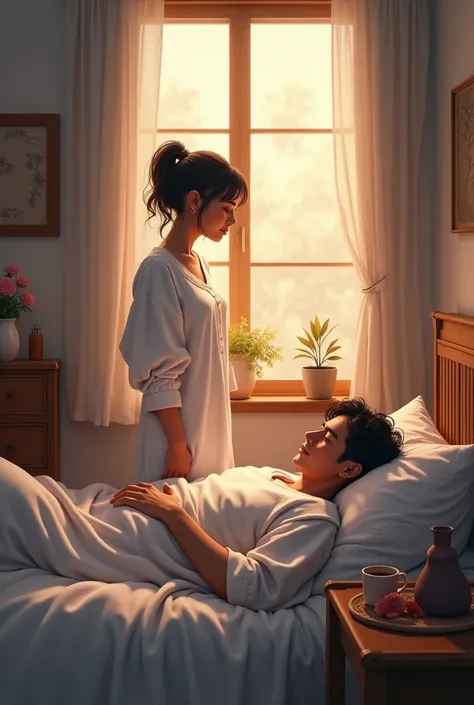 Man, Woman, sleeping suits ,cozy bedroom , man is sleeping while woman is watching sleeping standing at window
