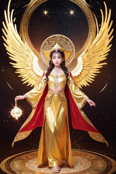 「 Create an illustration of a mysterious angel with a cosmic background。このAngels、 has spread its golden wings 、 is wearing a richly decorated costume 。In the background、star々や惑star、Clouds spread、 There is a circular ornament with an intricate pattern in th...