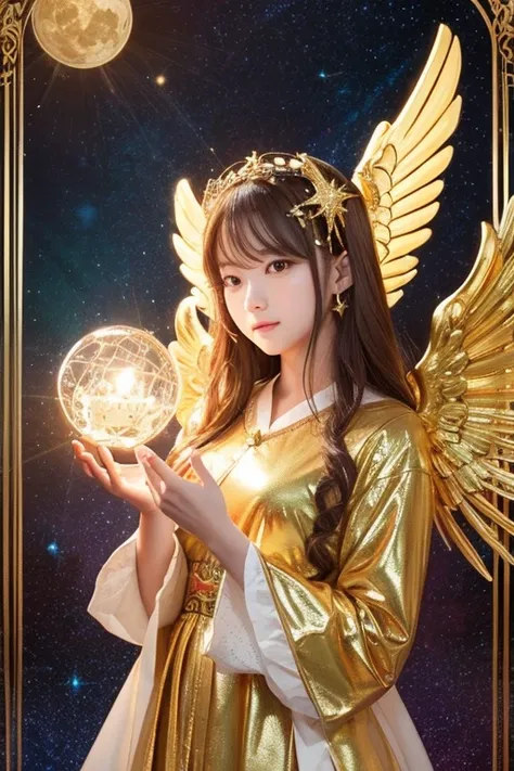 「 Create an illustration of a mysterious angel with a cosmic background。このAngels、 has spread its golden wings 、 is wearing a richly decorated costume 。In the background、star々や惑star、Clouds spread、 There is a circular ornament with an intricate pattern in th...