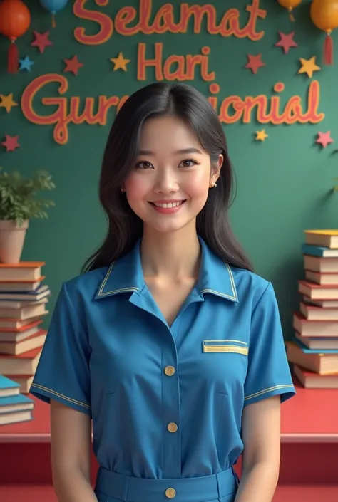 A beautiful Korean woman wearing a blue teachers uniform, smiling warmly and standing confidently. The beauty background Indonesian stage features a festive design with the text SELAMAT HARI GURU NASIONAL writted, surrounded by colorful decorations like bo...