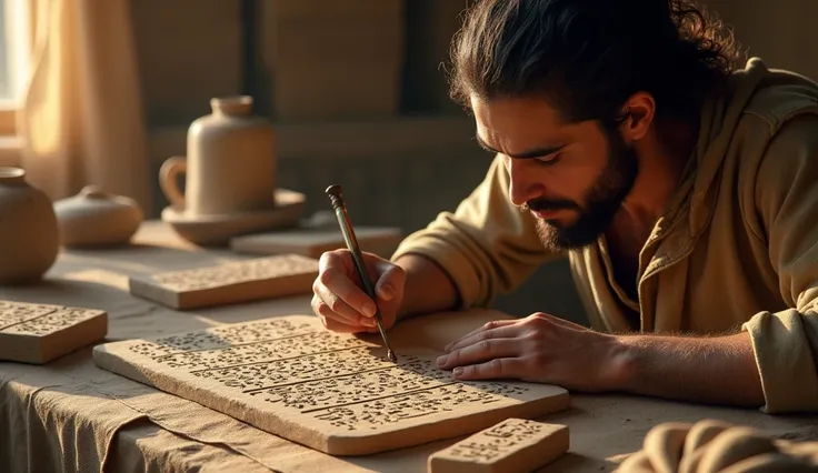 A close-up half-body shot of an Aramean artisan around 1200 BCE, wearing practical work clothes, inscribing a clay tablet with cuneiform script, with other completed tablets and carvings around him in a workshop environment.