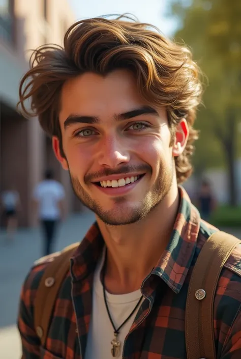  A young boy in his 20s with beautiful light brown semi-long hair styled like a little book olive eyes, stubble .  She is dressed in a plaid shirt and jeans .  In a university and youthful environment . He is slim but somewhat toned 