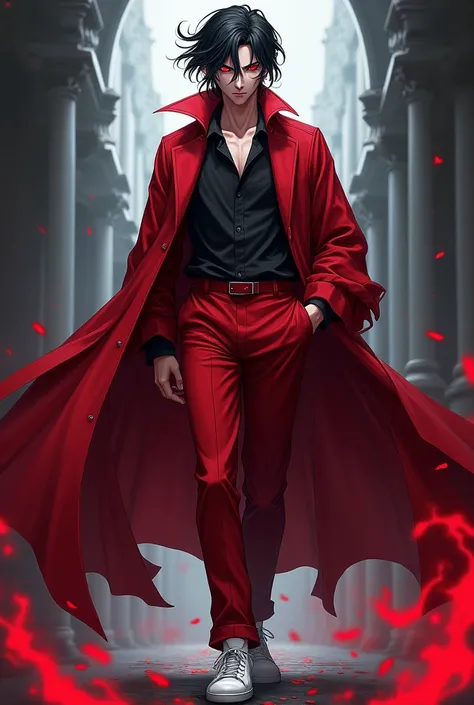 18 year old man, black hair,  red eyes , red robe and pants,  white shoes , Aspecto de Vilão,  anime style 