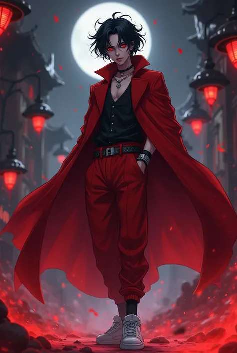 18 year old man, black hair,  red eyes , red robe and pants,  white shoes , Aspecto de Vilão,  anime style 