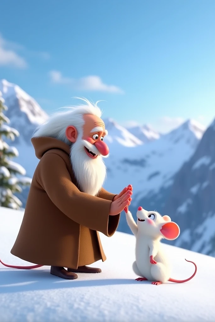 The image is a still from the animated movie "The Secret Life of Pets." It shows an elderly man with a white beard and a long white beard, wearing a brown robe, sitting on a snowy mountain with a small white mouse in front of him. The man is smiling and ap...