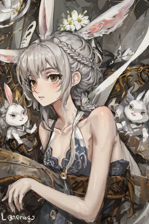 petite, soft curves, silver-grey hair, medium hair, white bunny ears, white rabbit ears, French braid, grey-brown eyes, adult, college girl, small breasts, skinny, lithe,  woman, 1girl