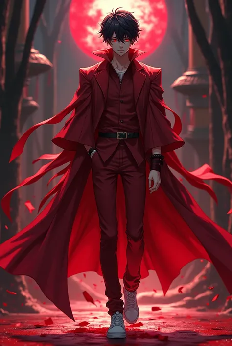 18 year old man, black hair,  red eyes , red robe and pants,  white shoes , Aspecto de Vilão,  anime style 